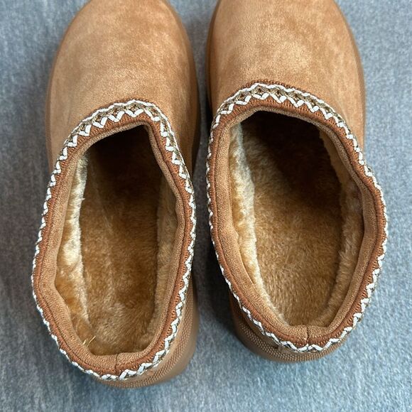 NEW Platform Slip On Clog Slippers Sherpa Faux Fur Lining Camel Brown Size 7 - Picture 7 of 13